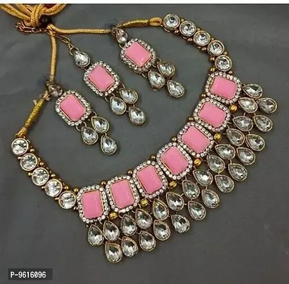 Authentic Pink Alloy Necklace Maangtika With Earrings Jewellery Set For Women