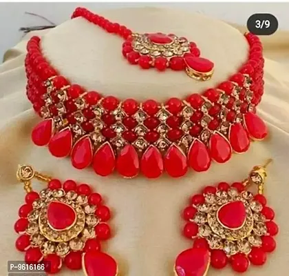 Twinkling Red Alloy Necklace With Earrings Jewellery For Women