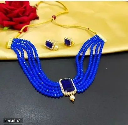 Traditional Blue Alloy Necklace With Earrings Jewellery Set For Women-thumb0