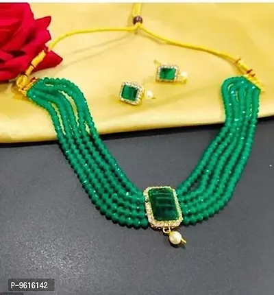 Traditional Green Alloy Necklace With Earrings Jewellery Set For Women-thumb0