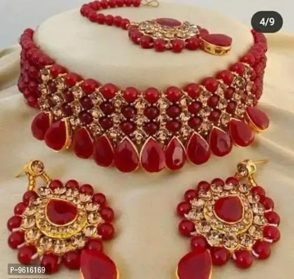 Twinkling Maroon Alloy Necklace With Earrings Jewellery For Women