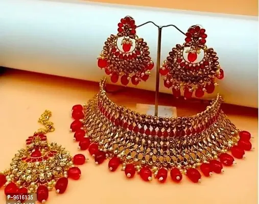 Traditional Red Alloy Necklace Maangtika With Earrings Jewellery Set For Women-thumb0