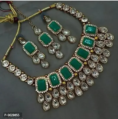 Authentic Green Alloy Necklace Maangtika With Earrings Jewellery Set For Women