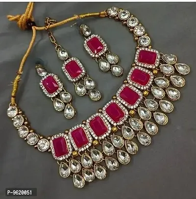 Authentic Pink Alloy Necklace Maangtika With Earrings Jewellery Set For Women-thumb0