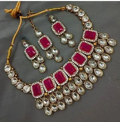 Authentic Alloy Necklace Maangtika With Earrings Jewellery Set For Women