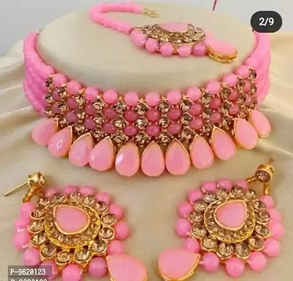 Pink Alloy Necklace Set with Maangtikka