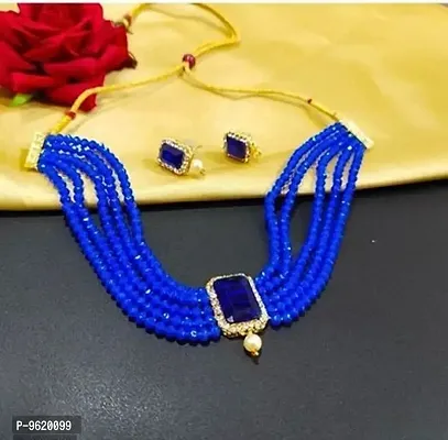 Traditional Blue Alloy Necklace With Earrings Jewellery Set For Women