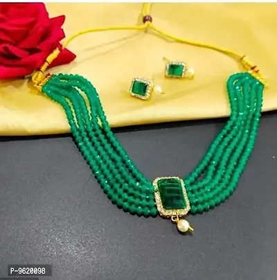 Traditional Green Alloy Necklace With Earrings Jewellery Set For Women-thumb0