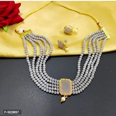 Traditional Grey Alloy Necklace With Earrings Jewellery Set For Women-thumb0