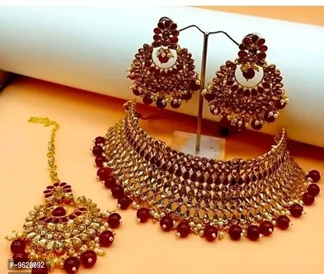 Traditional Maroon Alloy Necklace Maangtika With Earrings Jewellery Set For Women