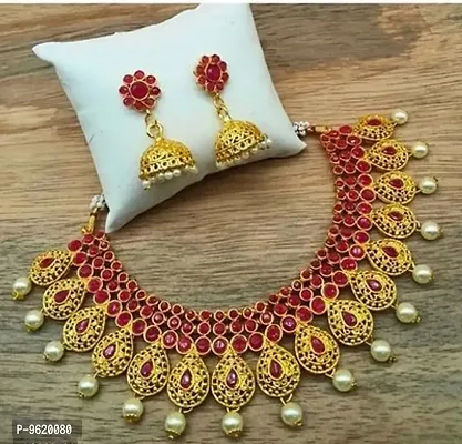 Traditional Maroon Alloy Necklace With Earrings Jewellery Set For Women-thumb0