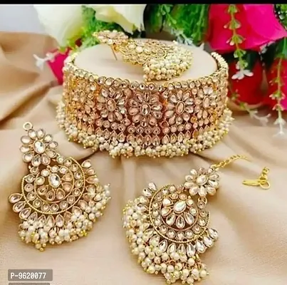 Traditional Golden Alloy Necklace Maangtika With Earrings Jewellery Set For Women