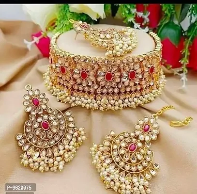 Traditional Maroon Alloy Necklace Maangtika With Earrings Jewellery Set For Women