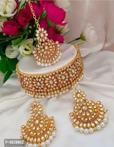 Authentic White Alloy Necklace Maangtika With Earrings Jewellery Set For Women
