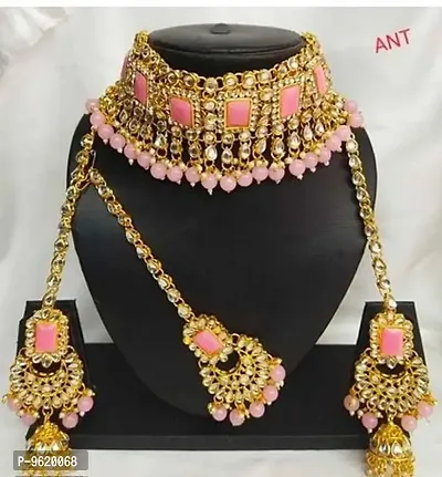 Authentic Pink Alloy Necklace Maangtika With Earrings Jewellery Set For Women-thumb0