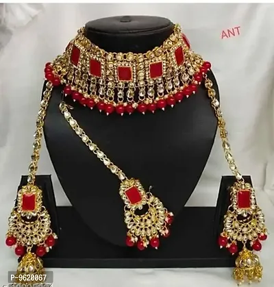 Authentic Red Alloy Necklace Maangtika With Earrings Jewellery Set For Women-thumb0