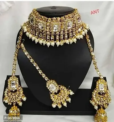 Authentic White Alloy Necklace Maangtika With Earrings Jewellery Set For Women