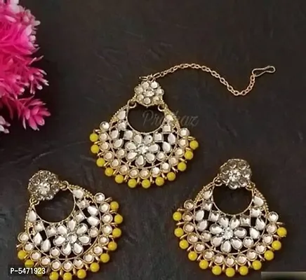 Maddy Space Very High Quality  Party Wear Earring with Maang Tikka For Girls and Women.(Yellow color) Design-1-thumb0