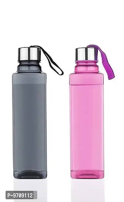 Premium Square Shape Water Bottle with strap for Fridge, Office, Gym 1000 ML Bottle, Pack of 2, Multicolor-thumb0