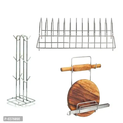 Useful Stainless Steel Cup Holder / Cup Stand And Plate Stand / Dish Rack Steel And Chakla Belan Stand For Kitchen