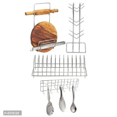 Useful Stainless Steel Chakla Belan Stand And Cup Holder Cup Stand And Plate Stand Dish Rack Holder And Ladle Hook Rail Wall Mounted Ladle Stand For Kitchen