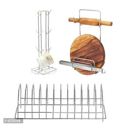 Useful Stainless Steel Cup Holder Cup Stand And Plate Stand Dish Rack Steel And Chakla Belan Stand For Kitchen