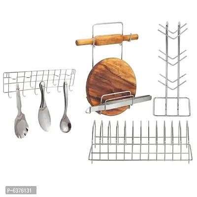 Useful Stainless Steel Chakla Belan Stand And Cup Holder Cup Stand And Plate Stand Dish Rack Steel And Ladle Hook Rail Wall Mounted Ladle Stand For Kitchen