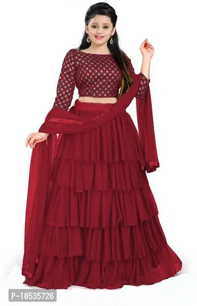 Alluring Maroon Satin Embroidered Lehenga Cholis with Dupatta For Girls