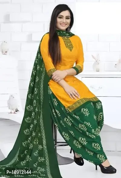 Elegant Yellow Crepe Ethnic Print Dress Material with Dupatta For Women