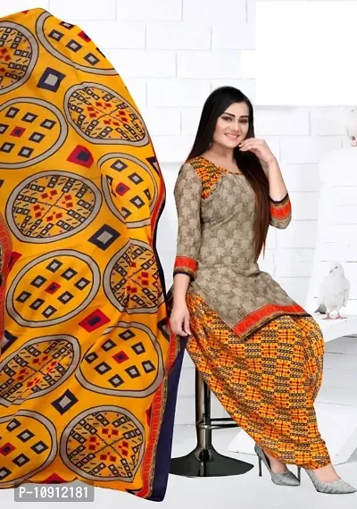 Elegant Khaki Crepe Ethnic Print Dress Material with Dupatta For Women