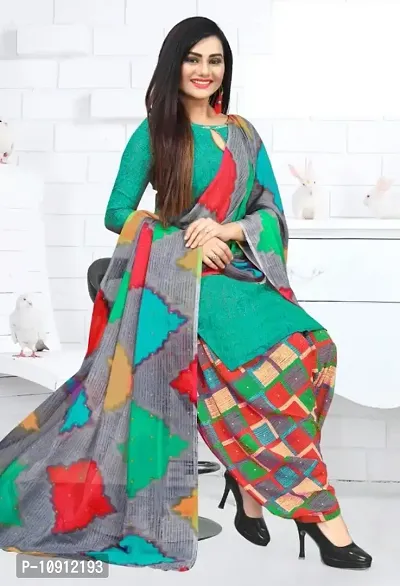 Elegant Turquoise Crepe Ethnic Print Dress Material with Dupatta For Women