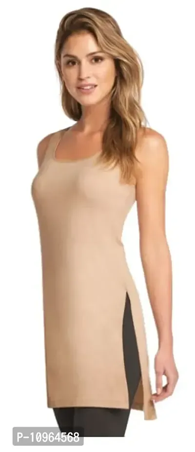 Stylish Beige Regular Fit Sleeveless Cotton Long Camisole Slip For Women-thumb0