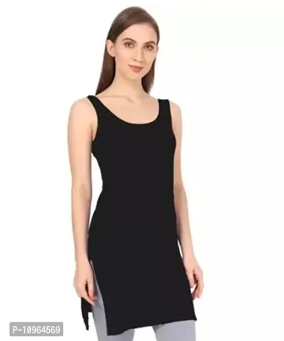 Stylish Black Regular Fit Sleeveless Cotton Long Camisole Slip For Women