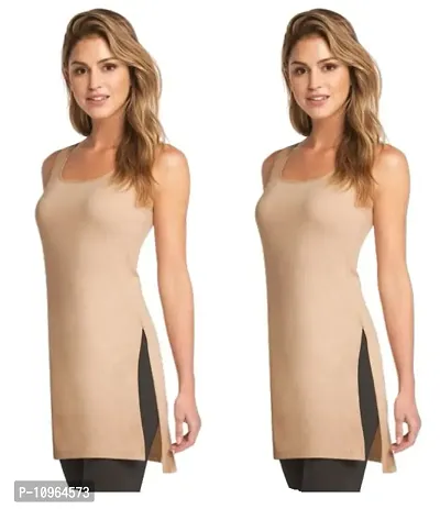 Stylish Beige Regular Fit Sleeveless Cotton Long Camisole Slip For Women- Pack Of 2-thumb0