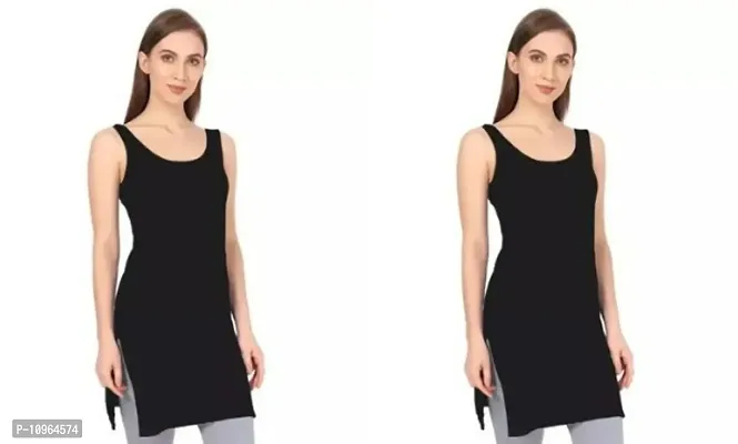 Stylish Black Regular Fit Sleeveless Cotton Long Camisole Slip For Women- Pack Of 2