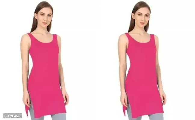 Stylish Pink Regular Fit Sleeveless Cotton Long Camisole Slip For Women- Pack Of 2