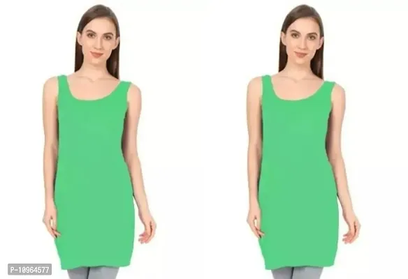 Stylish Green Regular Fit Sleeveless Cotton Long Camisole Slip For Women- Pack Of 2