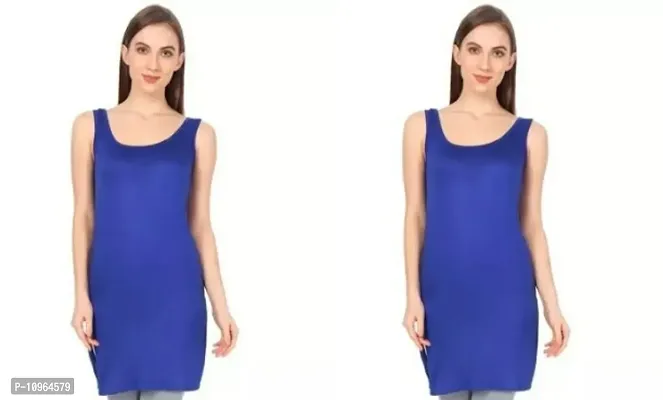 Stylish Blue Regular Fit Sleeveless Cotton Long Camisole Slip For Women- Pack Of 2