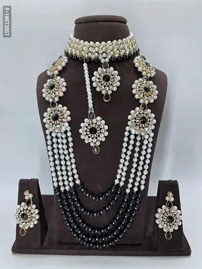 Traditional Alloy Bridal Pearl Long Necklace Set