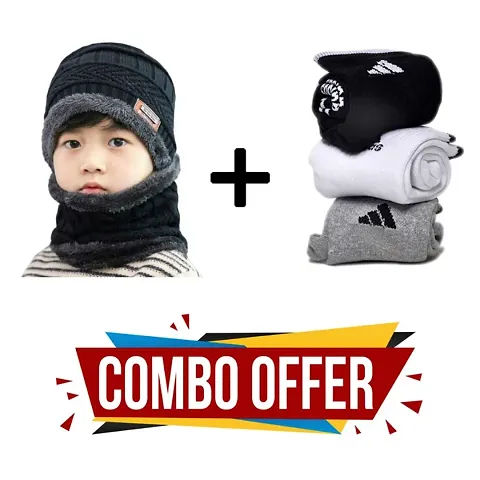 Eastern Club Winter Warm Hat Boy Girl Outdoor Sports Headging Hat Scarf Set Boys Girls Warm Fleece Cap Scarf Set With 3 Pair Socks Combo for years - 16 years