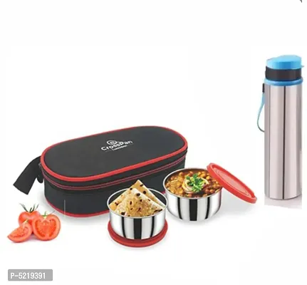Stainless Steel Lunch Box 2 Containers Red Sleek Insulated Water Bottle 600Ml