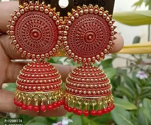 Pretty Red Brass Jhumkas Earrings For Women-thumb0