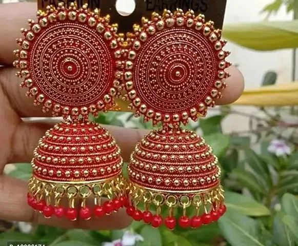 Designer golden Jhumka earrings for women Party wear earrings (Red)