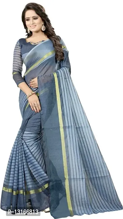 Stylish Cotton Silk Navy Blue  Saree without Blouse piece-thumb0