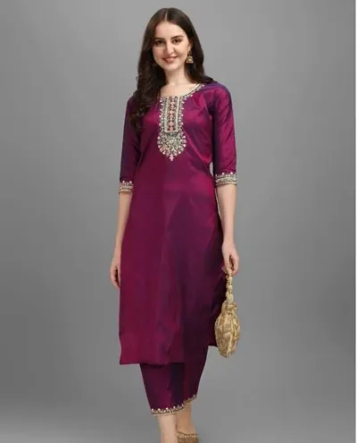 Art Silk Embroidered Kurta Pant Set For Women