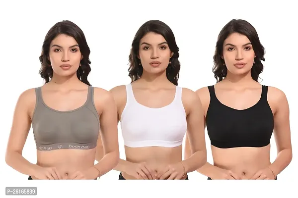 Grey white black-non padded full coverage sports bra Pack of 3