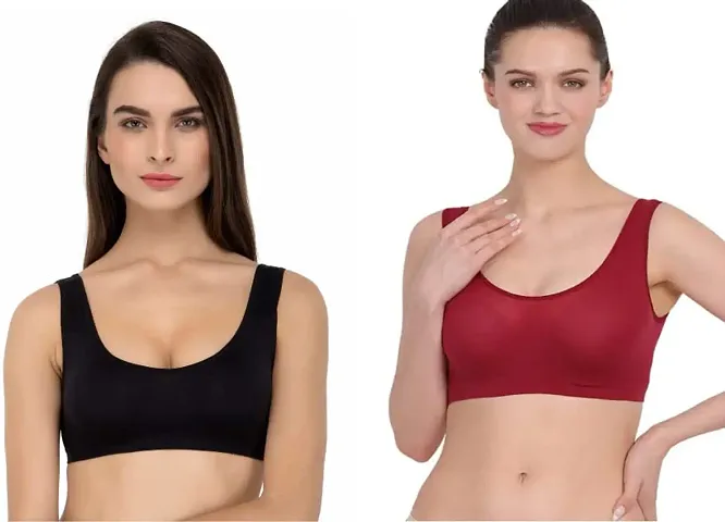 SH ENTERPRISE URV Online MART Women's 95% and 5% Spendex, Non-Padded, Non-Wired Air Sports Bra (Color:- Maroon) (Pack of 2) (Size:- 34)