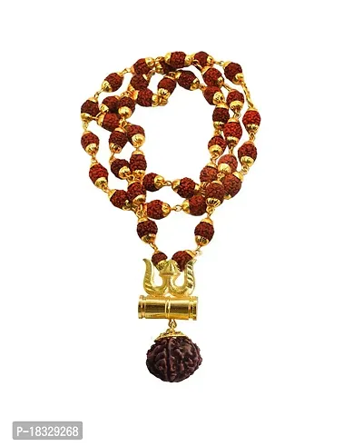 5 Mukhi Rudraksha Mala With Shiv Trishul  Damru Mahadev Damroo Chain Beads Gold-plated-thumb0