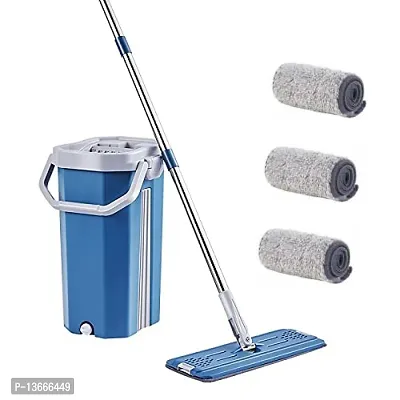 Blue Flat Mop And Bucket Set Floor Cleaning System With 2 Soft Refill Pads And Handle (38 X 13 Cm Mop Head)-thumb0