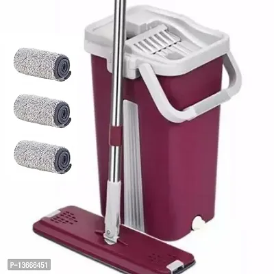 Fuchsia Flat Mop And Bucket Set Floor Cleaning System - 360 Dry Wet Reusable Dust Mop With 2 Soft Refill Pads And Handle (38 X 13 Cm)